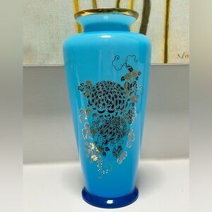 Vintage Blue Glass Vase with Etched Gold Design